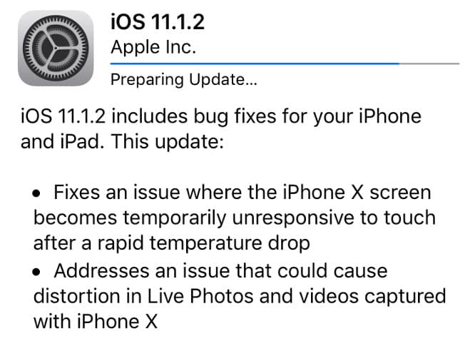 iOS 11.1.2 update released, fixing cold temperature problem with iPhone X screen