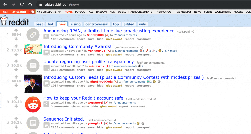 Reddit accessible via old website