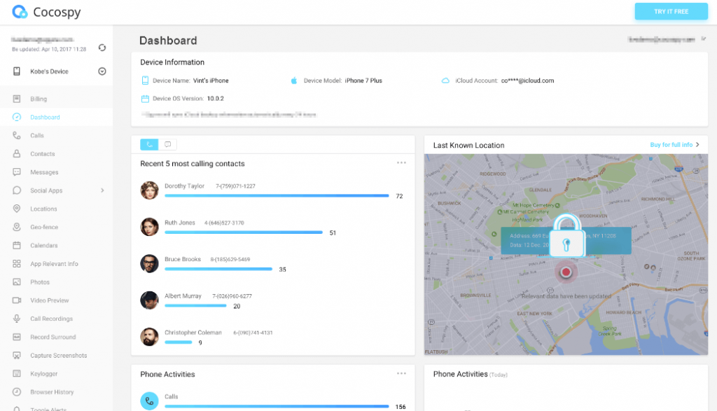 Cocospy’s dashboard