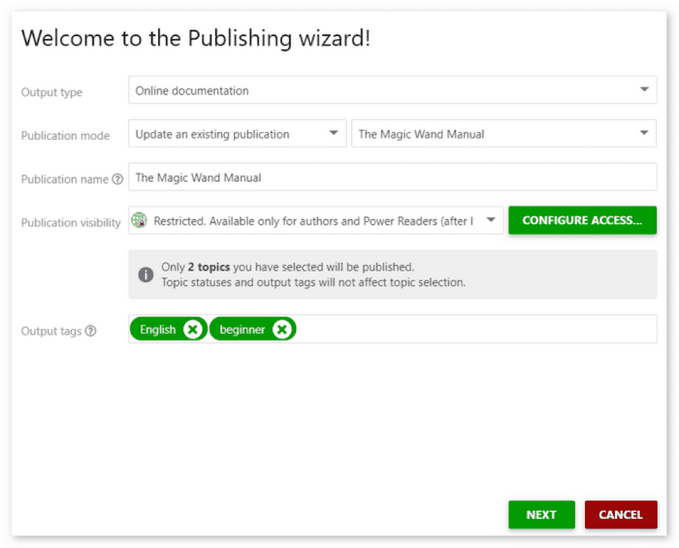 The Publishing wizard window will appear. Configure publishing according to your needs