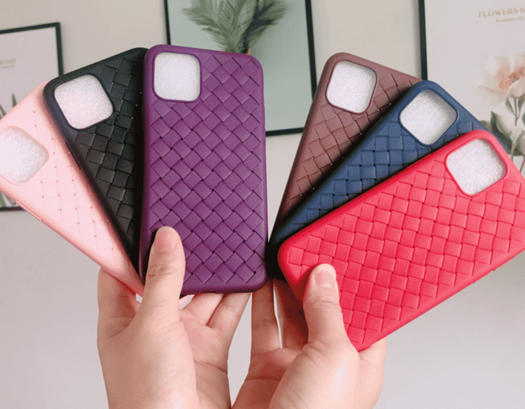 This case is made for the iPhone 11 Pro Max that has a weave style looking and has a touch of a leather design.