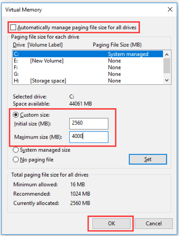 Automatically manage paging file size for all drives