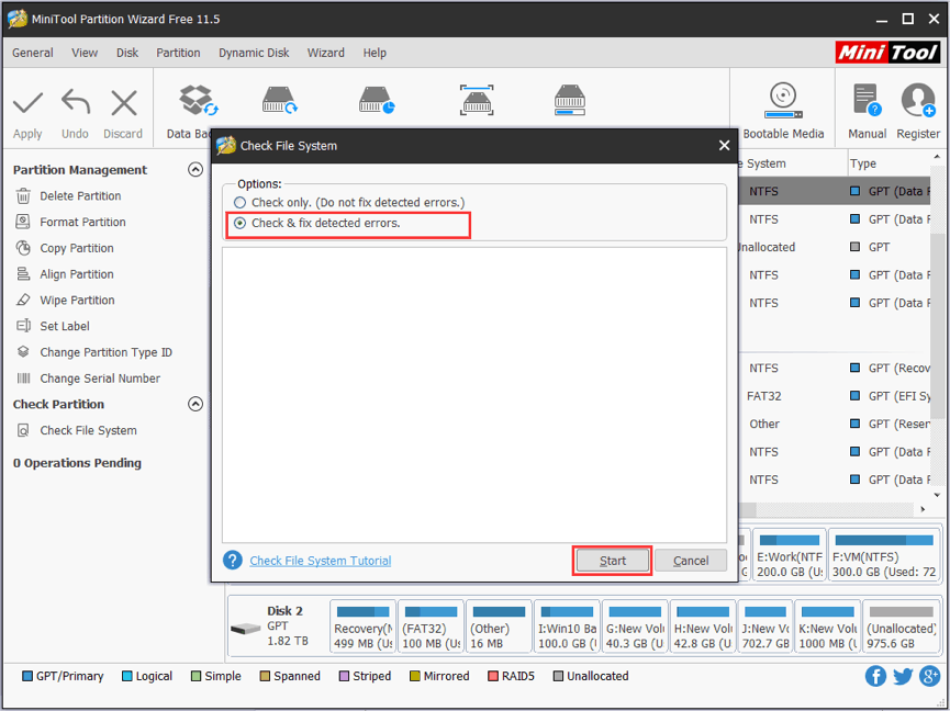 Check & fix detected errors