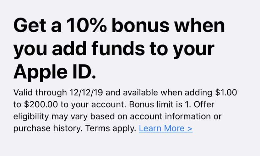 Apple users can get an extra 10% iTunes credit by adding funds to Apple ID