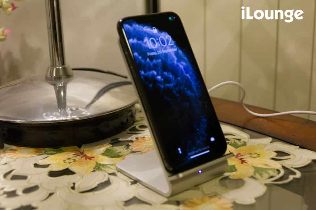 This is the fuse chicken gravity lift wireless charger with an iPhone 11 Pro.