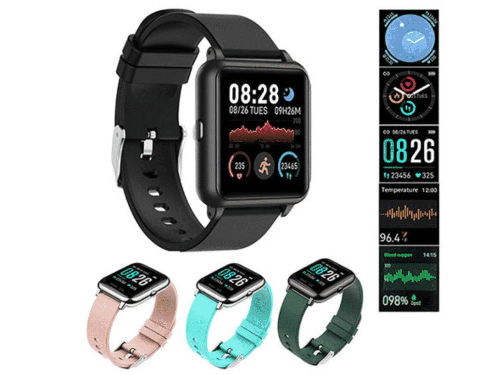 OXITEMP Smart Watch with Live Oximeter in pink, blue, green and black.