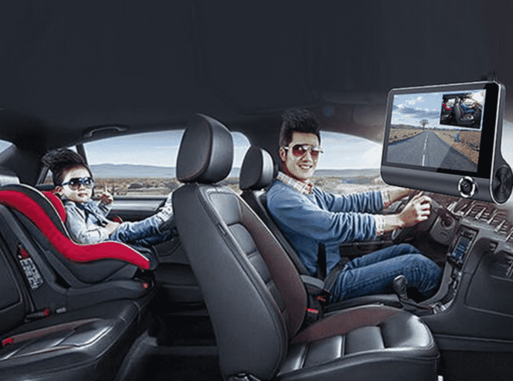 Safe Drive Dual Camera Car Dash Cam With Large Screen with a driver in the car