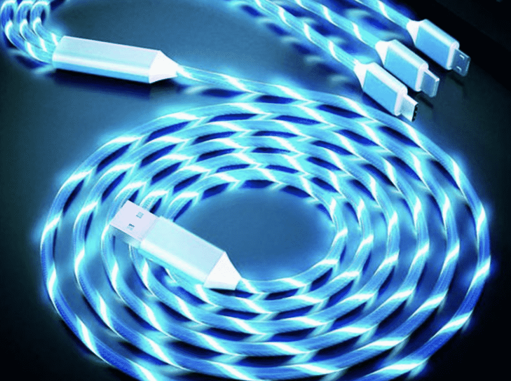LED Light 3-in-1 Micro/Type-C/Lightning Charger Cable in close up shot.