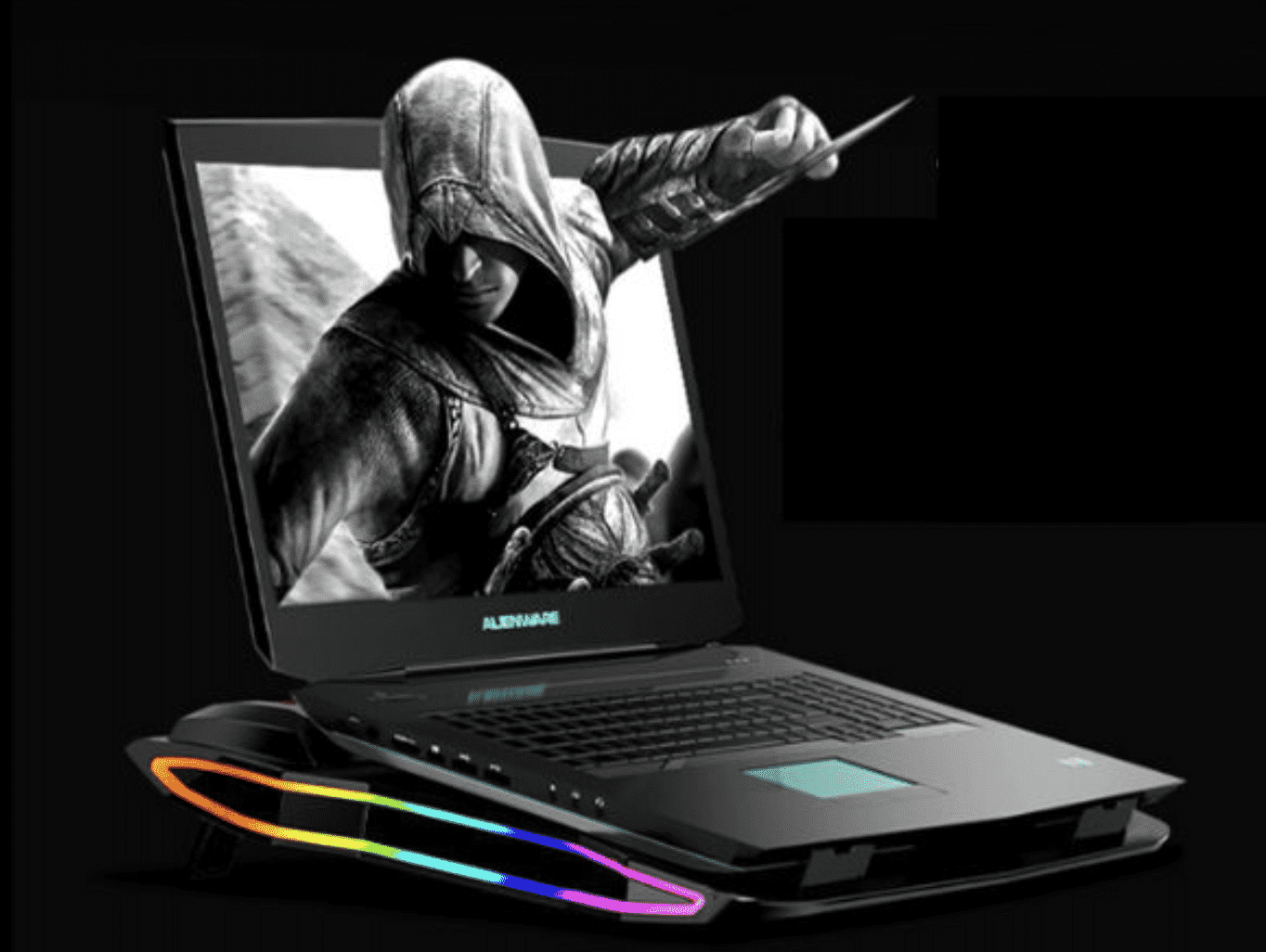 RGB Laptop Cooling Pad being used on the Alienware gaming laptop.