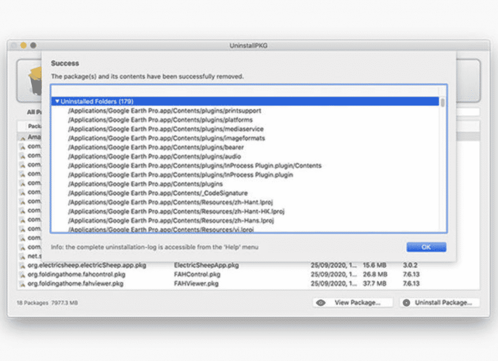UninstallPKG Mac App with a list of files