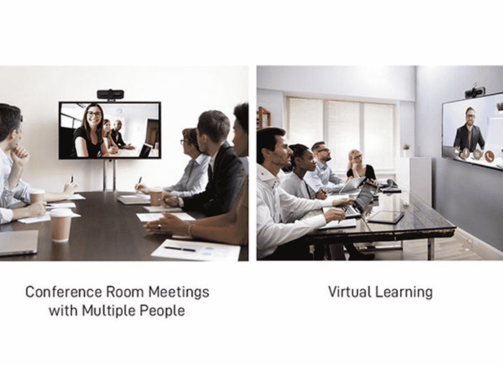 TEZL 1080P HD webcam with privacy cover with people in a meeting room