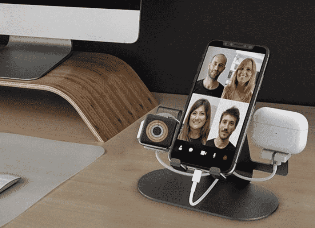 Trio 3-in-1 Aluminum Desktop Charging Stand with an iPhone