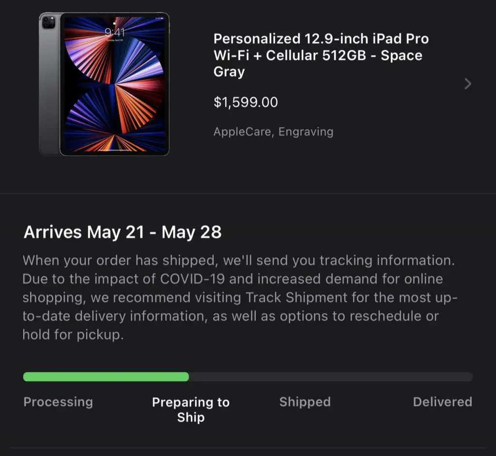 iPad Pro order status page