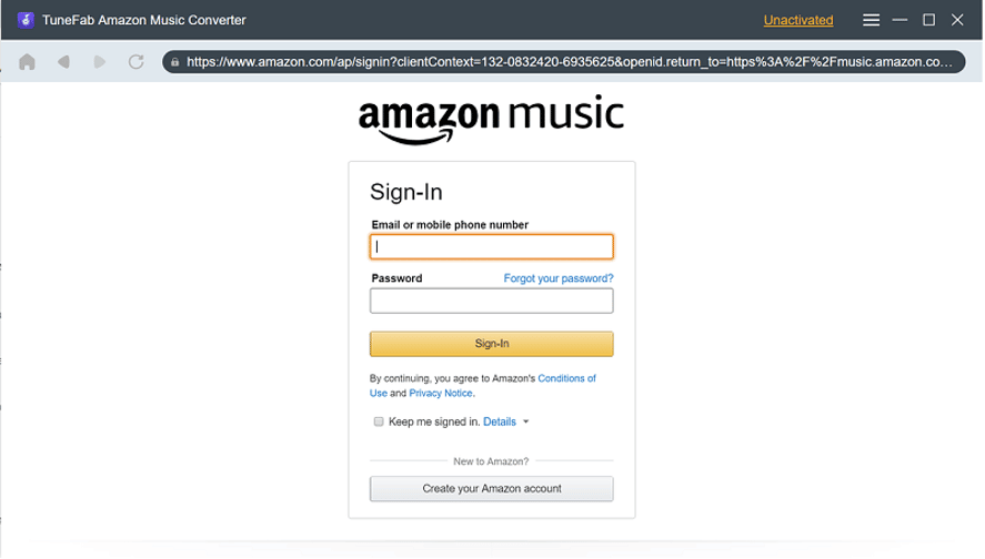 Log in Amazon Music Web Player in TuneFab