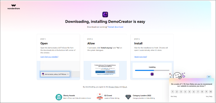 Democreator installation interface
