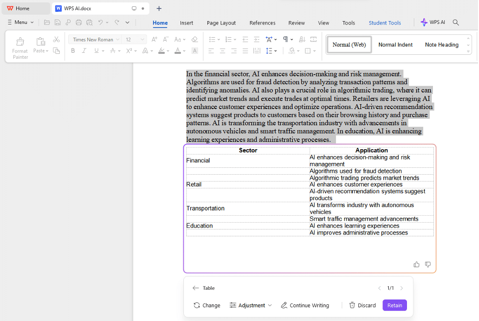 Change layout with a click with WPS AI