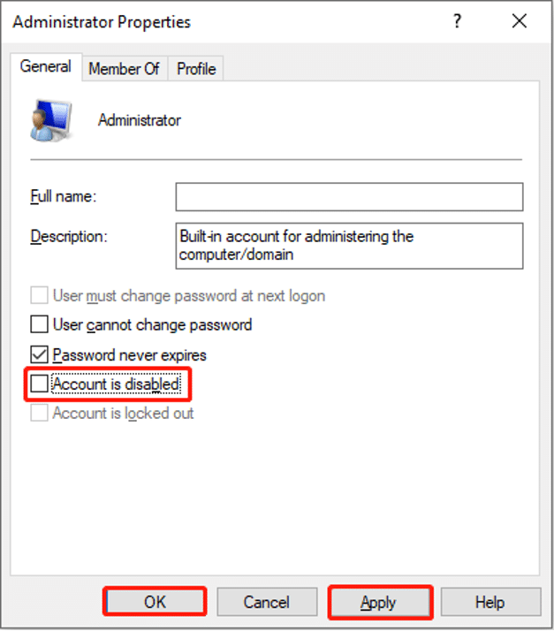 uncheck Account is disabled