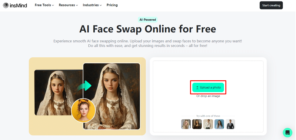 insMind Free Online AI Face Swap Tool – Swap Faces to Become Anyone You Like