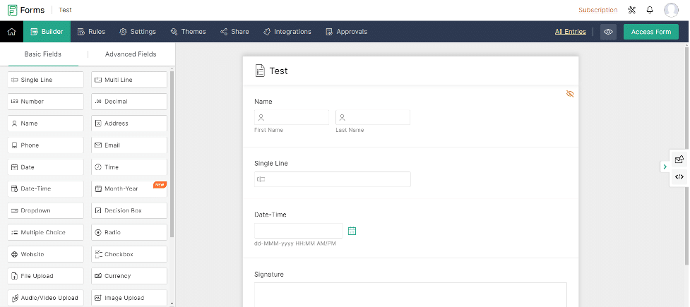 Zoho Forms builder interface