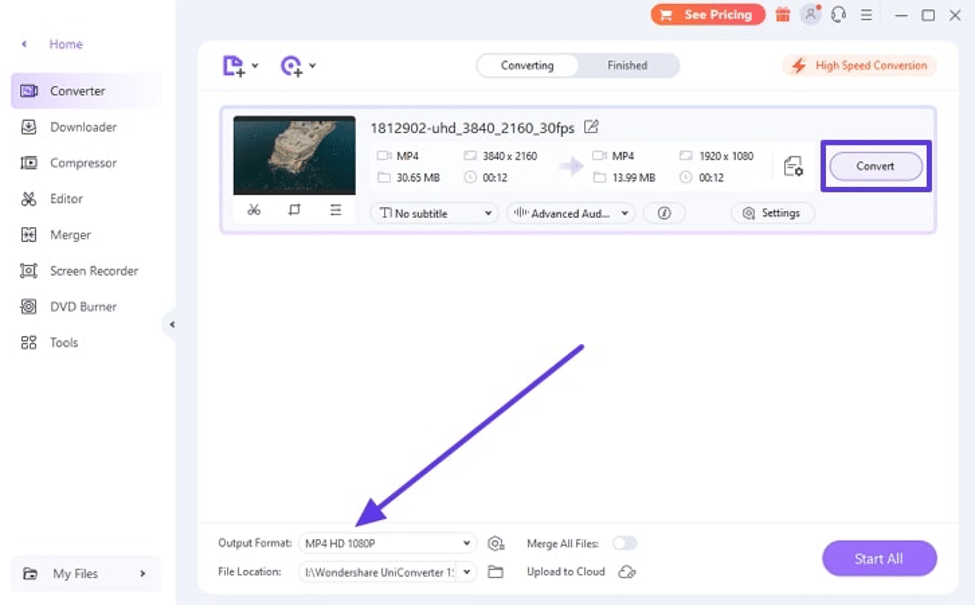 set output format and press convert