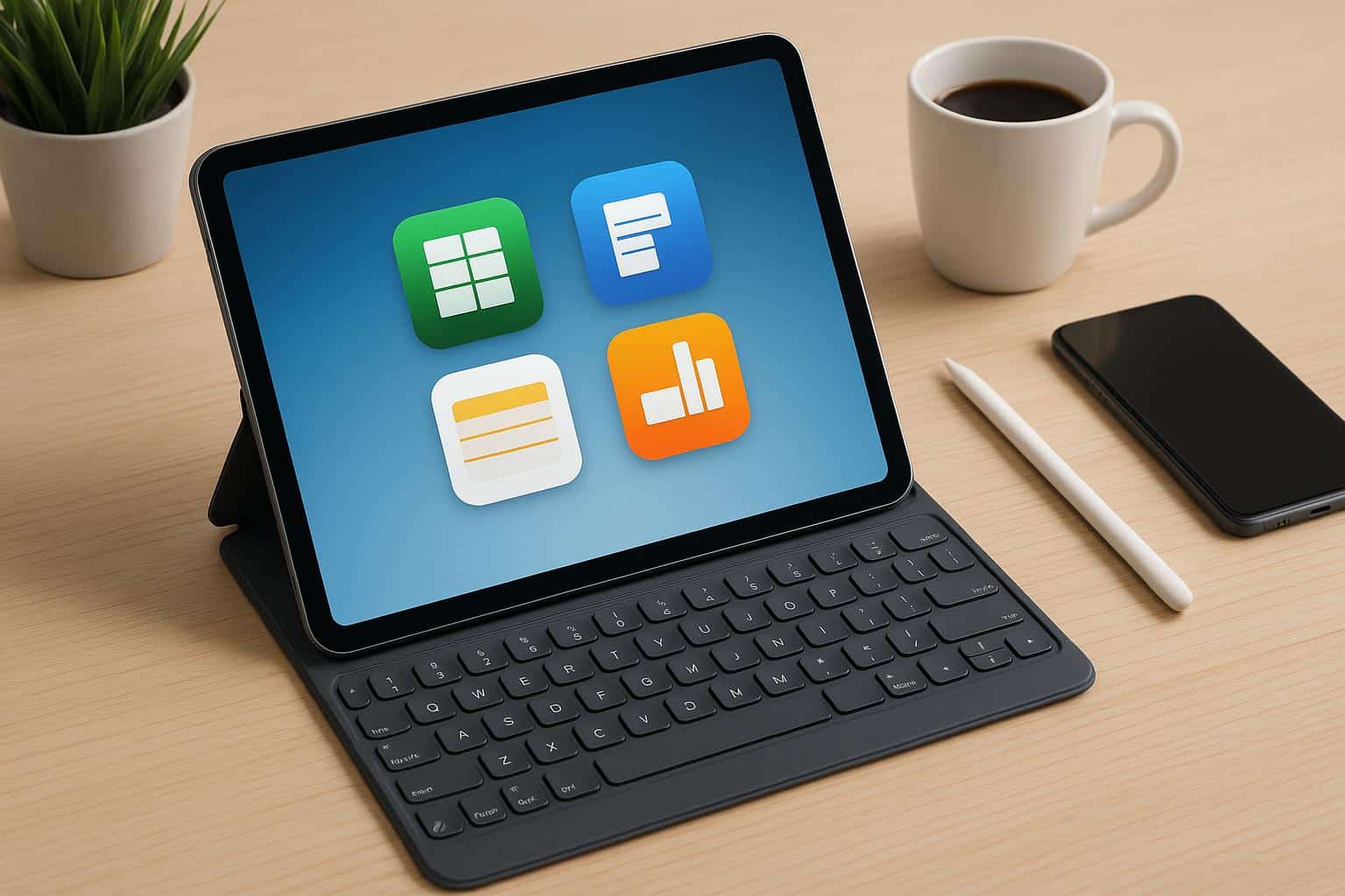iPad displaying productivity apps on desk, showing mobile office setup for remote work