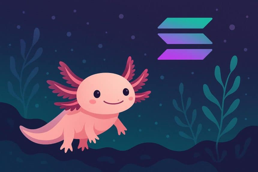 Axolotl with digital blockchain graphics representing Solana-powered wildlife NFTs in Mexico