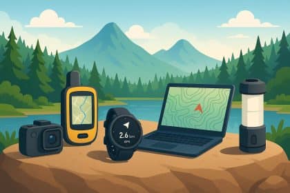 Camping with smart gadgets and portable solar panel enhancing modern outdoor adventure