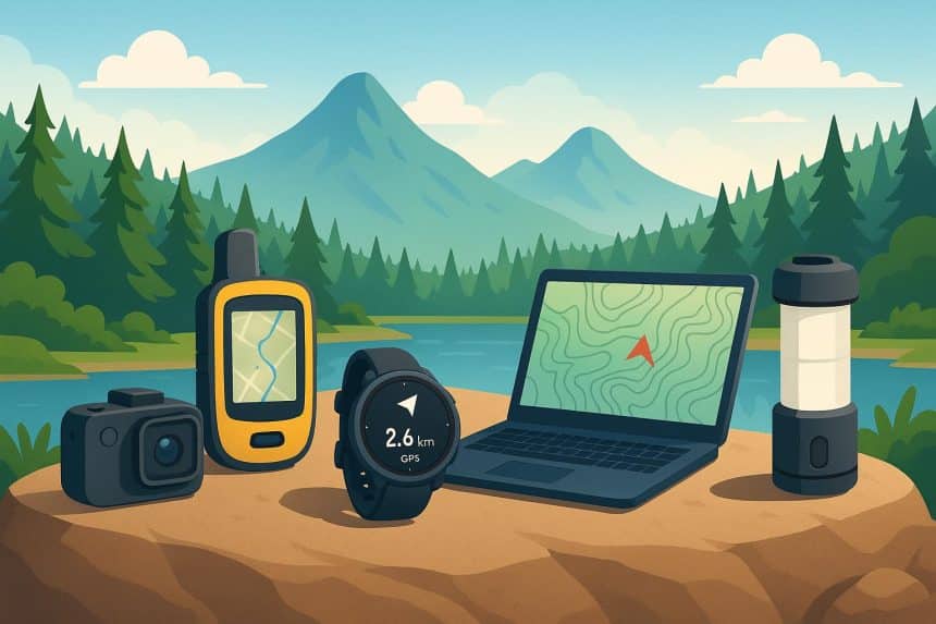 Camping with smart gadgets and portable solar panel enhancing modern outdoor adventure