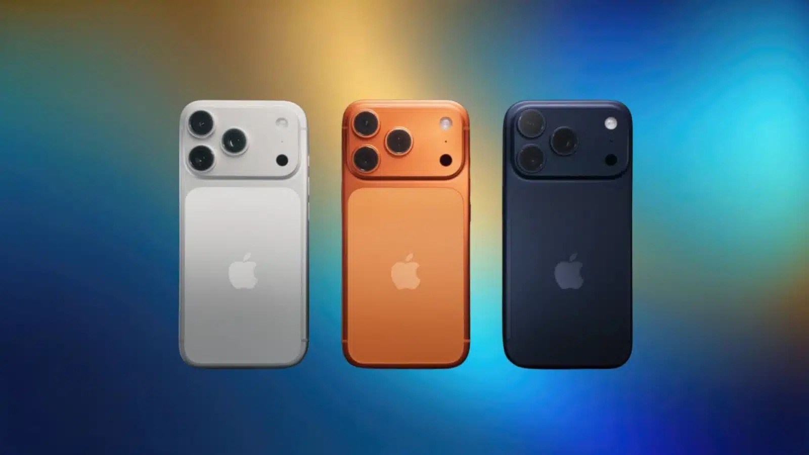 Three iPhone 17 Pro Max models in silver, orange, and navy blue, showing rear cameras and Apple logo.