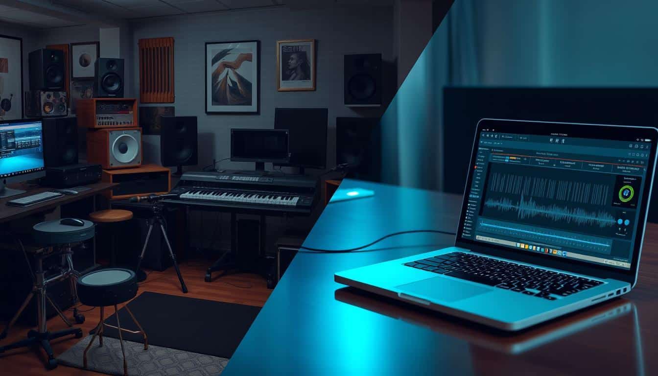 Side-by-side comparison of traditional studio setup and AI music interface