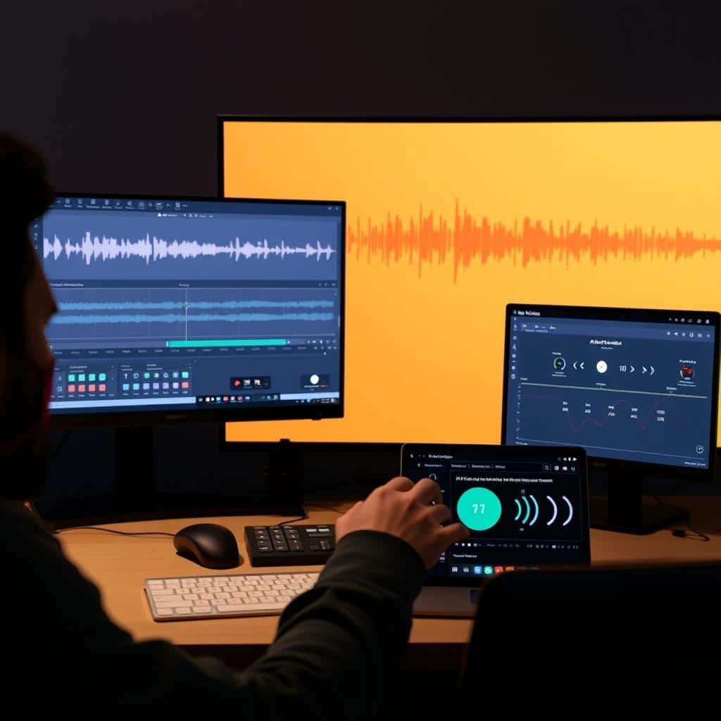 Content creator using AI music for video production