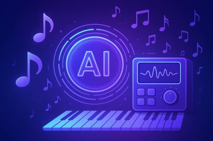 AI-powered music generator interface displaying digital audio waveforms and creative tools