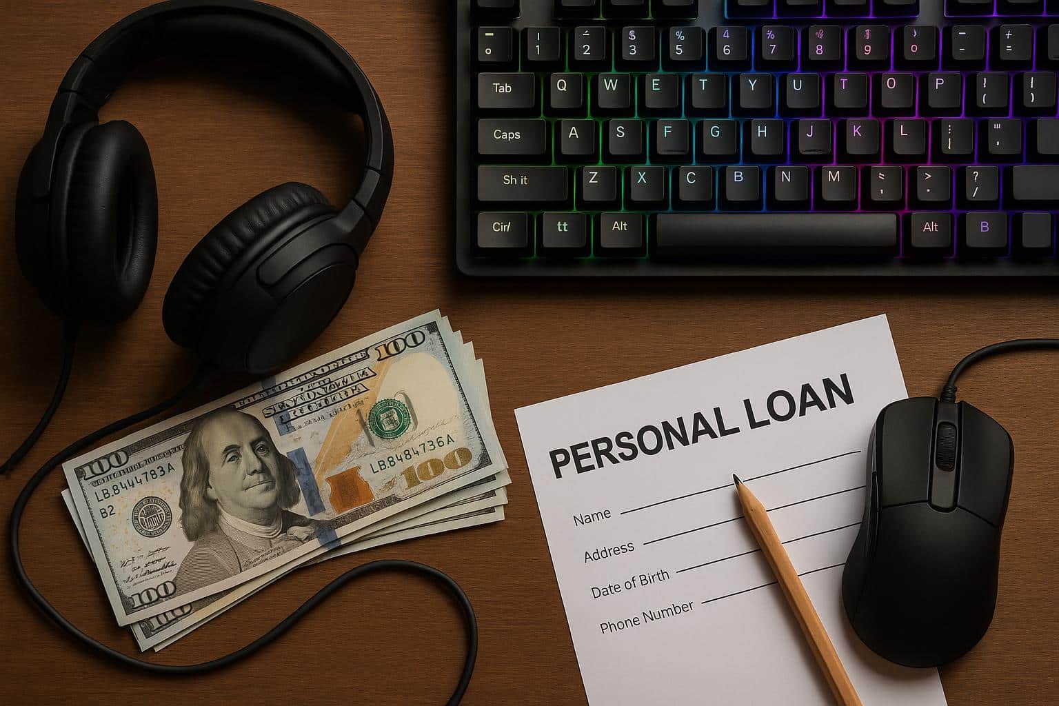 Affordable gaming setup with budget-friendly accessories and personal loan application on a laptop