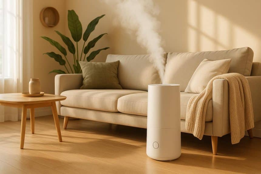 Modern humidifier in a cozy living room enhancing comfort and optimal indoor humidity levels