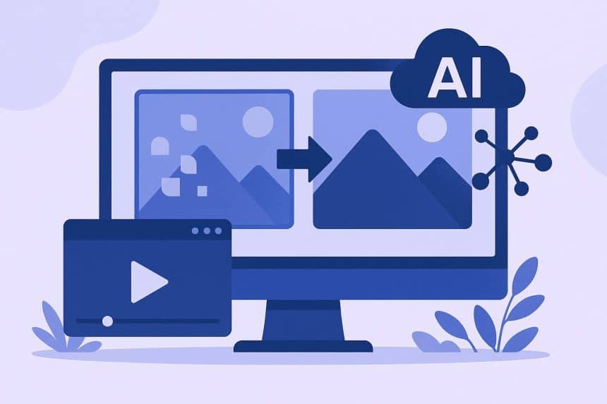 AI enhancing photo and video clarity on a digital screen with editing tools and quality icons