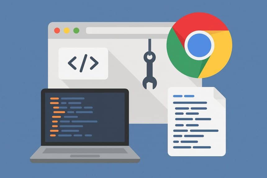 Chrome Extension development process illustrated with browser icons and coding elements