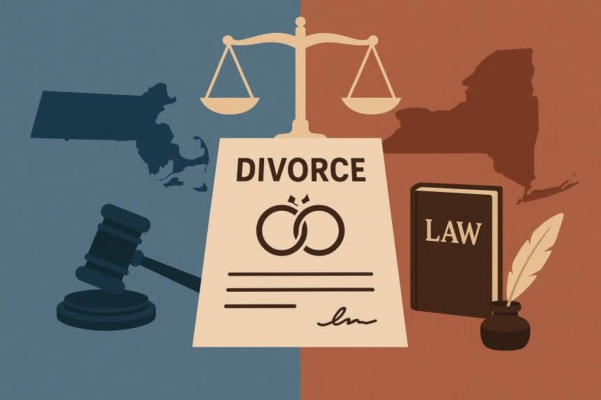 Massachusetts vs New York legal documents highlighting differences in uncontested divorce processes