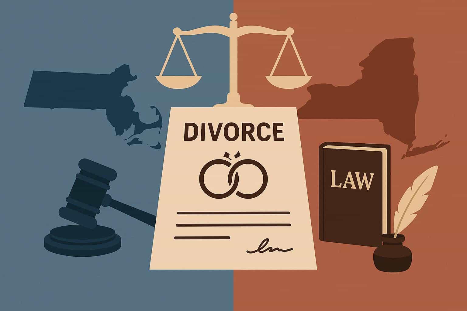 Massachusetts vs New York legal documents highlighting differences in uncontested divorce processes