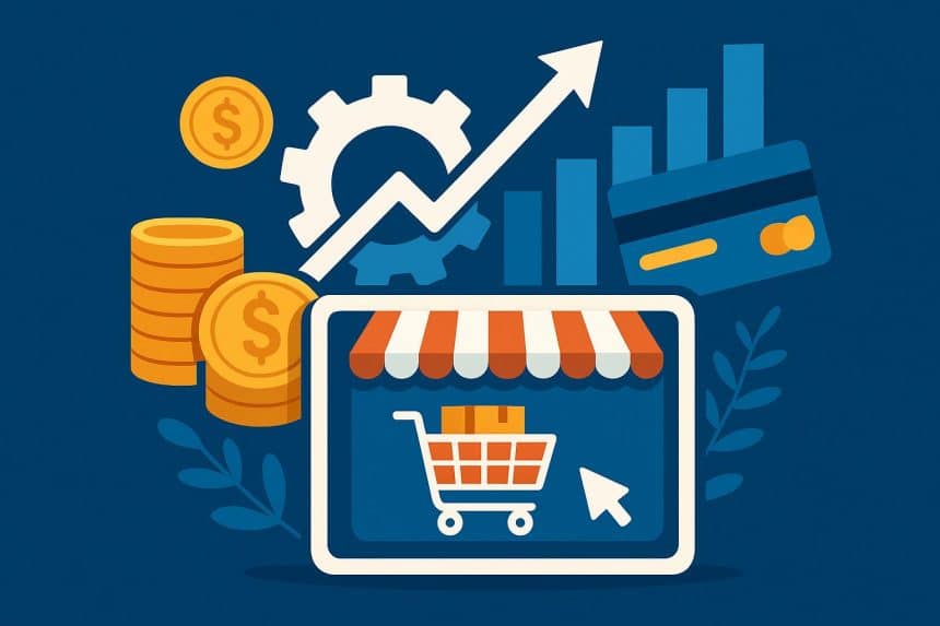 Digital payment icons and ecommerce charts illustrating financial technology powering online business