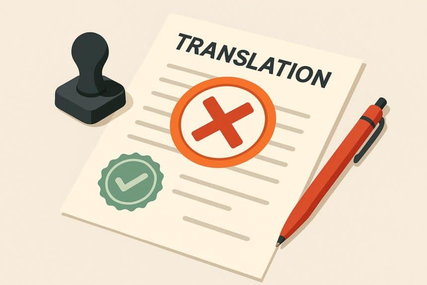 Rejected certified translation documents with red stamp and proofreading marks highlighted