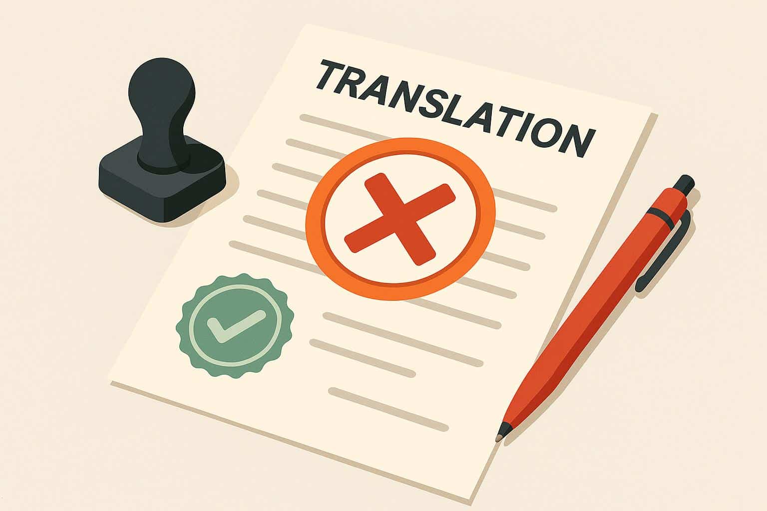 Rejected certified translation documents with red stamp and proofreading marks highlighted