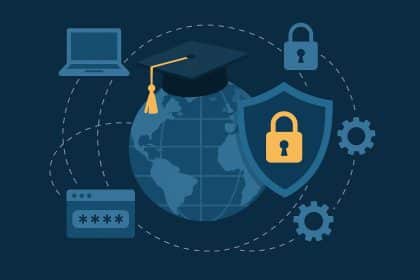 Global cybersecurity education concept with digital world map and secure network icons