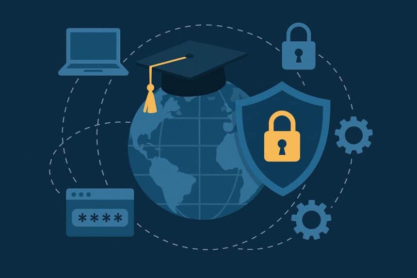 Global cybersecurity education concept with digital world map and secure network icons