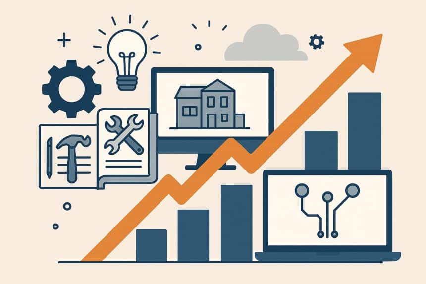 Modern tech startup office with computers, team brainstorming, and innovative digital workspace