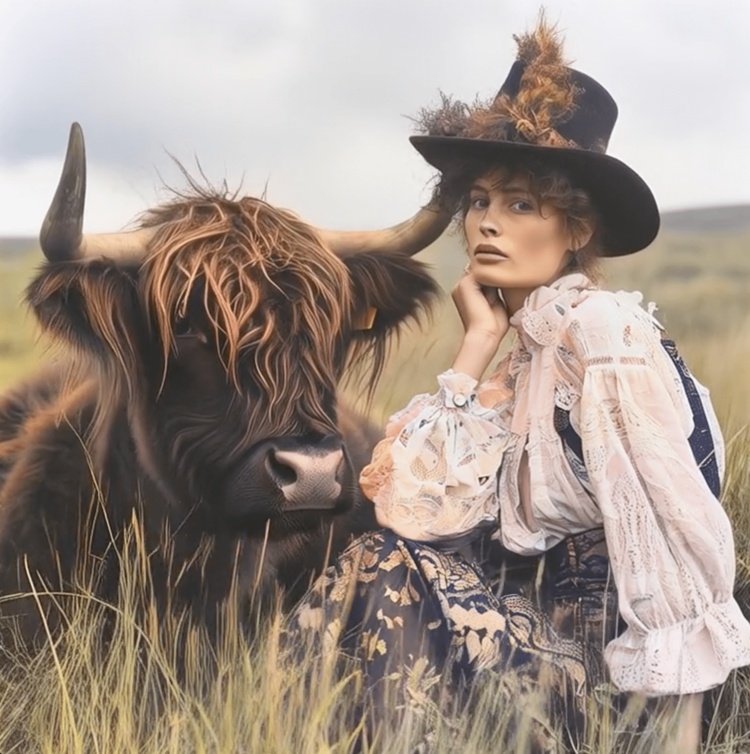 Color portrait of a woman in a Victorian-inspired lace blouse, floral skirt, and feathered hat sitting in tall grass next to a Highland cow with shaggy hair and large horns.