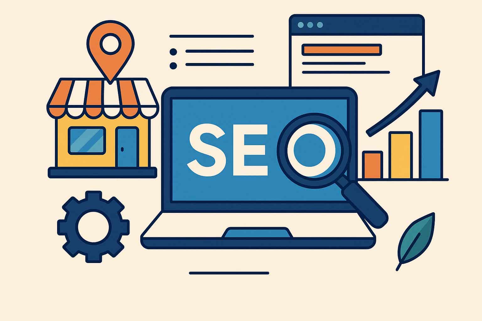 Local business storefront with SEO ranking icons and location marker for digital marketing success