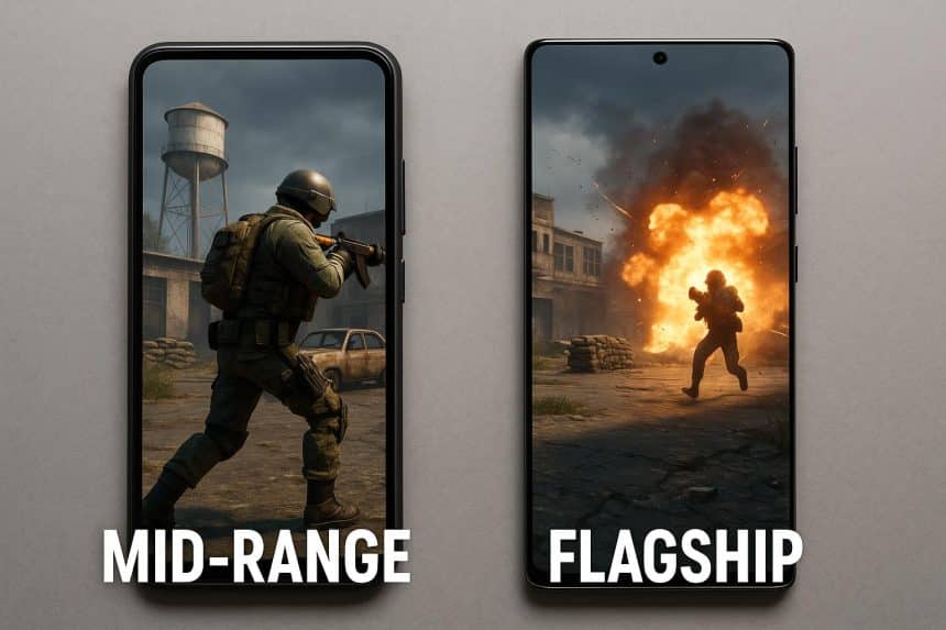 Mid-range and flagship smartphones side by side displaying popular mobile games for comparison