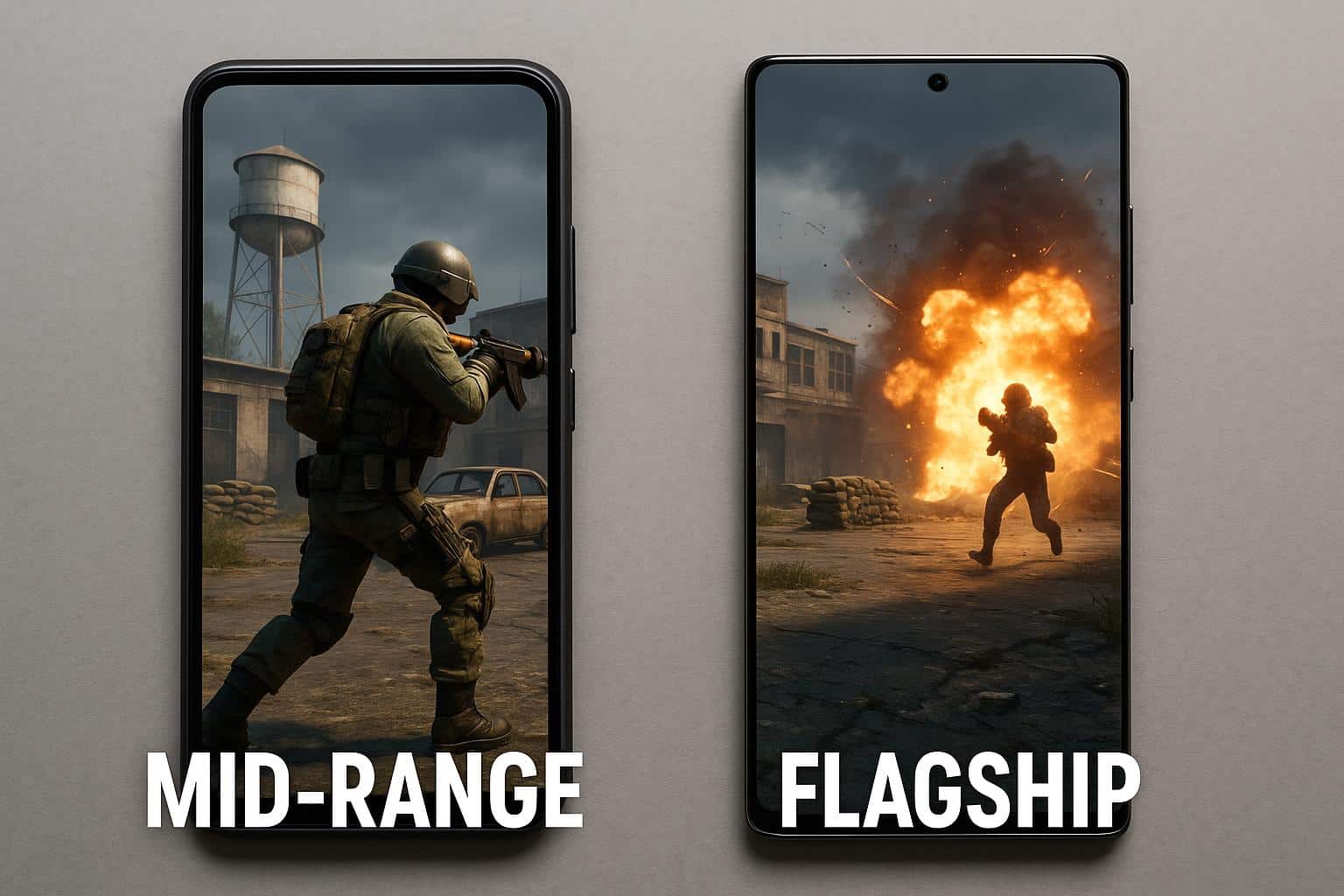 Mid-range and flagship smartphones side by side displaying popular mobile games for comparison