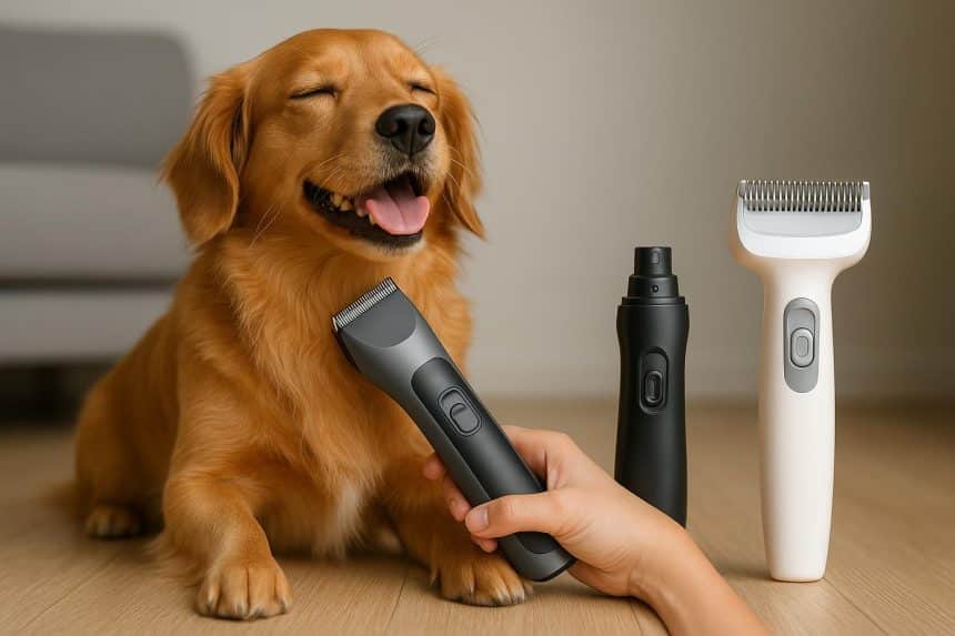 Rechargeable pet grooming device in use brushing a dog’s fur for modern at-home pet care