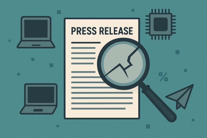 Analyzing tech company press releases with magnifying glass and digital documents